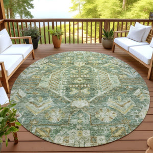 HomeRoots 8' Fern Green and Gold Round Medallion Rug - Durable, Washable Design for Indoor/Outdoor Elegance 688647