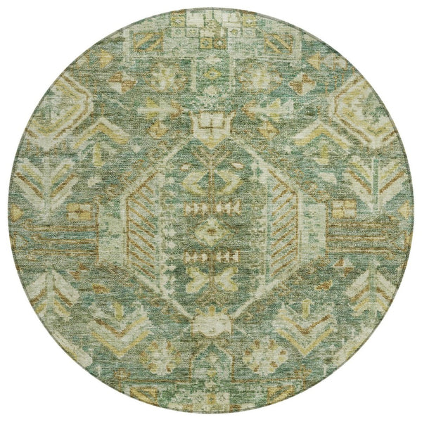 HomeRoots 8' Fern Green and Gold Round Medallion Rug - Durable, Washable Design for Indoor/Outdoor Elegance 688647