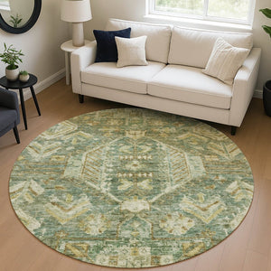 HomeRoots 8' Fern Green and Gold Round Medallion Rug - Durable, Washable Design for Indoor/Outdoor Elegance 688647