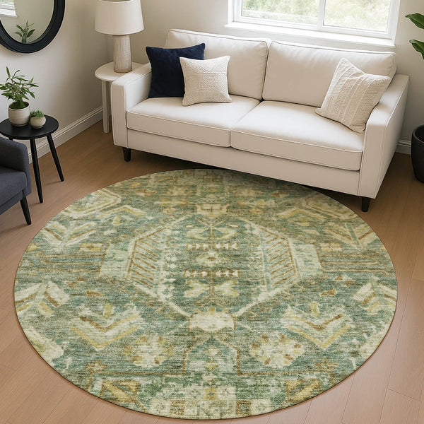HomeRoots 8' Fern Green and Gold Round Medallion Rug - Durable, Washable Design for Indoor/Outdoor Elegance 688647