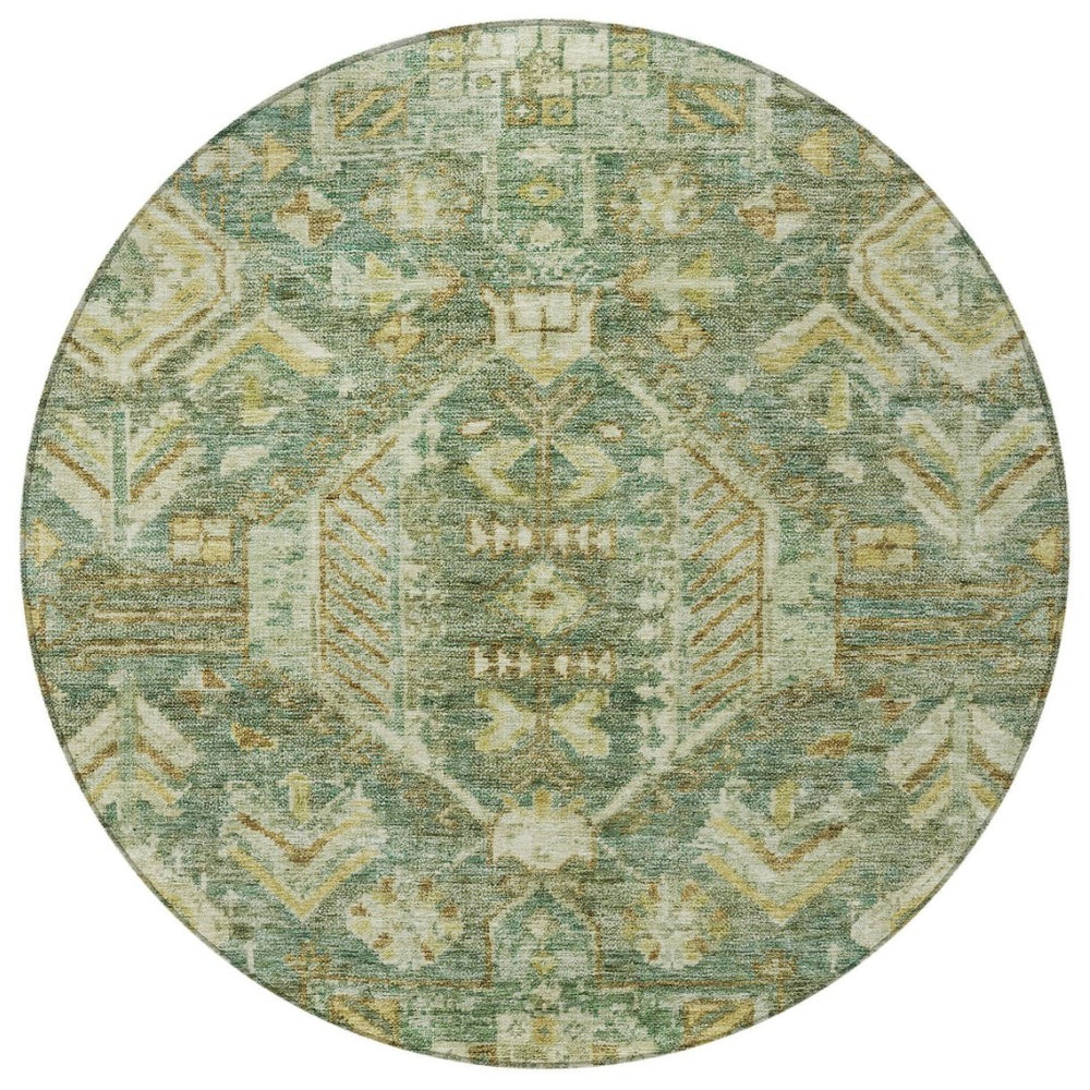 HomeRoots 8' Fern Green and Gold Round Medallion Rug - Durable, Washable Design for Indoor/Outdoor Elegance 688647