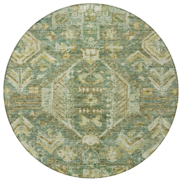 HomeRoots 8' Fern Green and Gold Round Medallion Rug - Durable, Washable Design for Indoor/Outdoor Elegance 688647