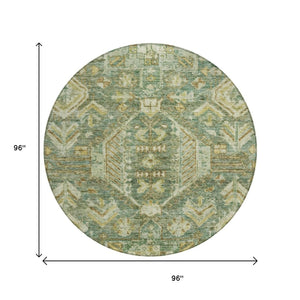 HomeRoots 8' Fern Green and Gold Round Medallion Rug - Durable, Washable Design for Indoor/Outdoor Elegance 688647