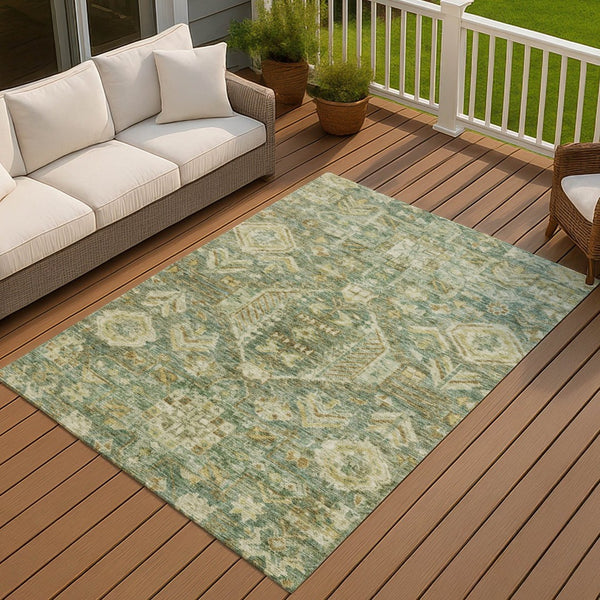 HomeRoots 9' X 12' Elegant Fern Green & Gold Medallion Indoor/Outdoor Area Rug - Machine Washable & Durable 688649