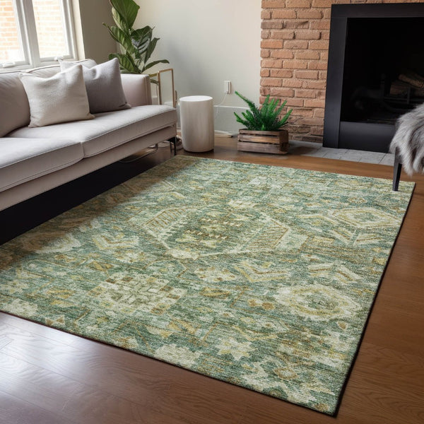 HomeRoots 9' X 12' Elegant Fern Green & Gold Medallion Indoor/Outdoor Area Rug - Machine Washable & Durable 688649