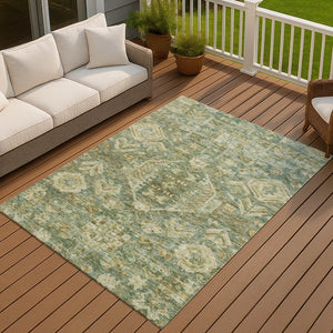 HomeRoots 10' Elegant Fern Green & Gold Medallion Washable Area Rug for Indoor & Outdoor High-Traffic Spaces 688650