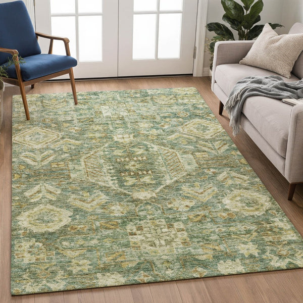HomeRoots 10' Elegant Fern Green & Gold Medallion Washable Area Rug for Indoor & Outdoor High-Traffic Spaces 688650