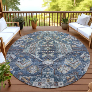 HomeRoots 8' Navy Blue Round Medallion Area Rug - Durable, Stain-Resistant, Indoor/Outdoor, Washable Design 688653