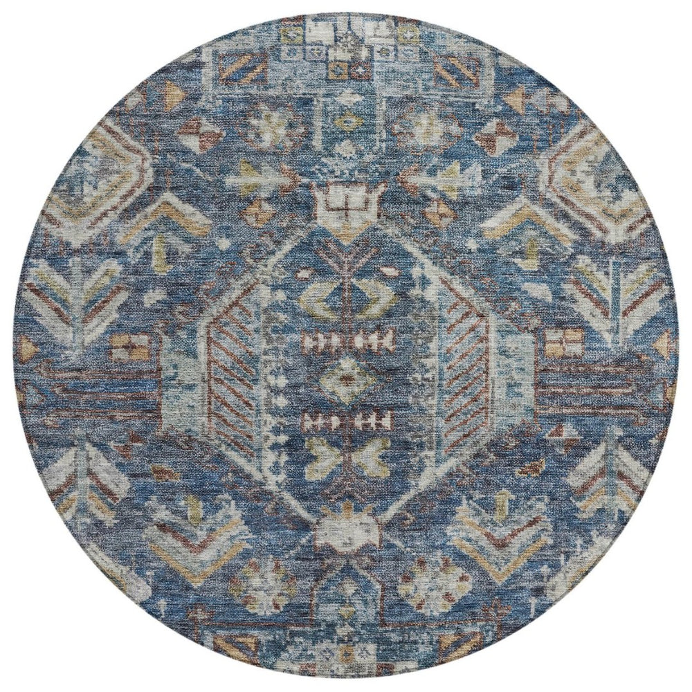 HomeRoots 8' Navy Blue Round Medallion Area Rug - Durable, Stain-Resistant, Indoor/Outdoor, Washable Design 688653