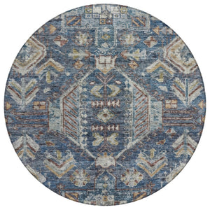 HomeRoots 8' Navy Blue Round Medallion Area Rug - Durable, Stain-Resistant, Indoor/Outdoor, Washable Design 688653