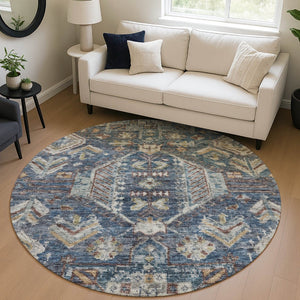 HomeRoots 8' Navy Blue Round Medallion Area Rug - Durable, Stain-Resistant, Indoor/Outdoor, Washable Design 688653
