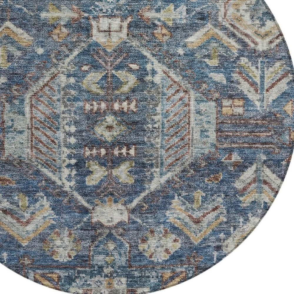 HomeRoots 8' Navy Blue Round Medallion Area Rug - Durable, Stain-Resistant, Indoor/Outdoor, Washable Design 688653