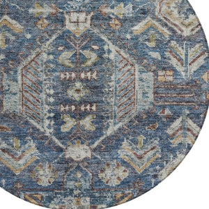HomeRoots 8' Navy Blue Round Medallion Area Rug - Durable, Stain-Resistant, Indoor/Outdoor, Washable Design 688653