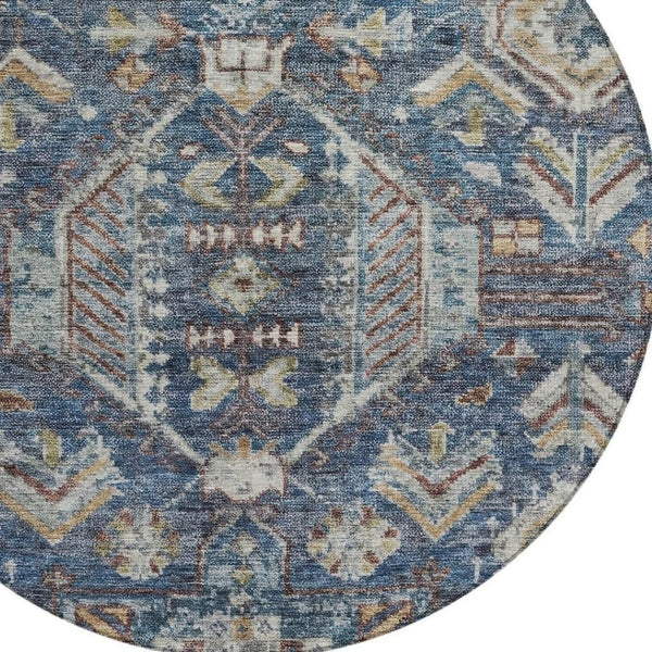 HomeRoots 8' Navy Blue Round Medallion Area Rug - Durable, Stain-Resistant, Indoor/Outdoor, Washable Design 688653