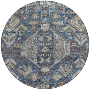 HomeRoots 8' Navy Blue Round Medallion Area Rug - Durable, Stain-Resistant, Indoor/Outdoor, Washable Design 688653