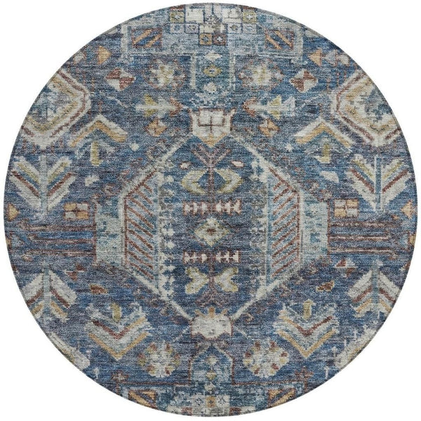 HomeRoots 8' Navy Blue Round Medallion Area Rug - Durable, Stain-Resistant, Indoor/Outdoor, Washable Design 688653