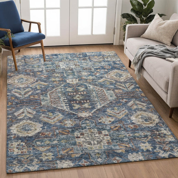 HomeRoots 10' Navy Blue Ivory Beige Medallion Area Rug - Washable, Durable for Indoor & Outdoor Use, Easy Care 688656