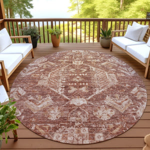 HomeRoots 8' Washable Round Area Rug in Rust and Beige Medallion Design - Durable, Stylish for Indoors & Outdoors 688659