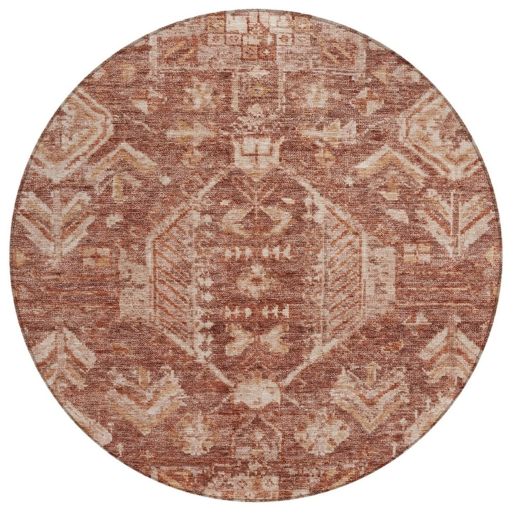 HomeRoots 8' Washable Round Area Rug in Rust and Beige Medallion Design - Durable, Stylish for Indoors & Outdoors 688659