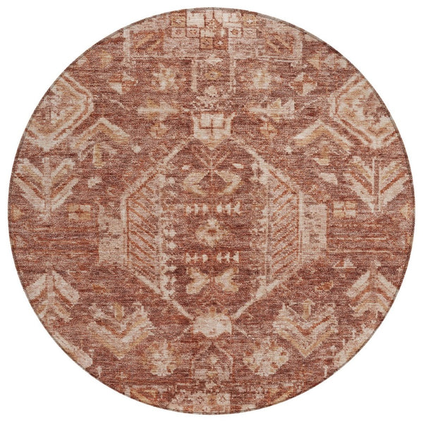 HomeRoots 8' Washable Round Area Rug in Rust and Beige Medallion Design - Durable, Stylish for Indoors & Outdoors 688659