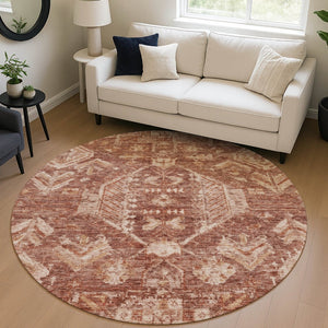 HomeRoots 8' Washable Round Area Rug in Rust and Beige Medallion Design - Durable, Stylish for Indoors & Outdoors 688659