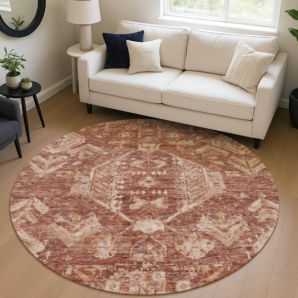 HomeRoots 8' Washable Round Area Rug in Rust and Beige Medallion Design - Durable, Stylish for Indoors & Outdoors 688659