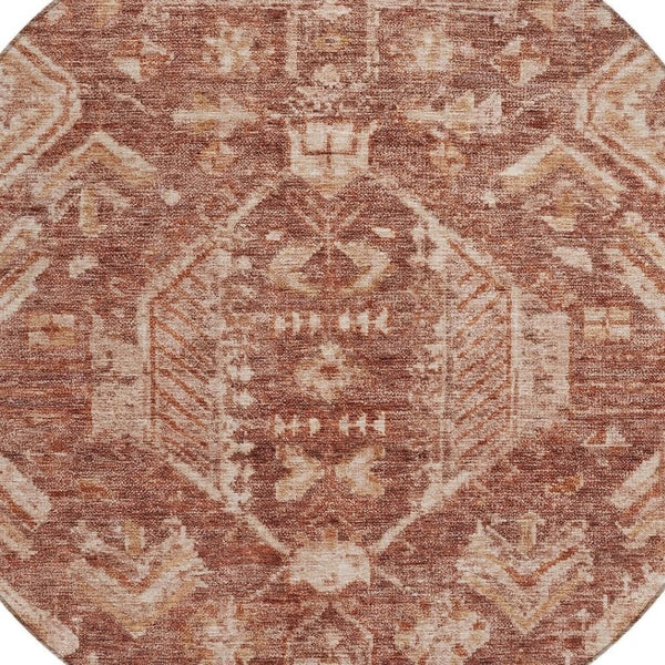 HomeRoots 8' Washable Round Area Rug in Rust and Beige Medallion Design - Durable, Stylish for Indoors & Outdoors 688659