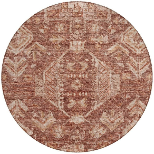 HomeRoots 8' Washable Round Area Rug in Rust and Beige Medallion Design - Durable, Stylish for Indoors & Outdoors 688659