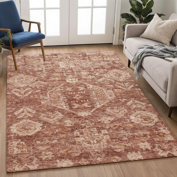 HomeRoots 9' X 12' Stylish Rust & Beige Medallion Washable Area Rug - Ideal for Indoor & Outdoor Spaces 688661