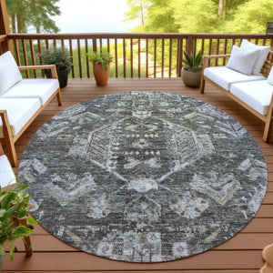 HomeRoots 8' Pewter and Silver Round Medallion Rug – Elegant, Washable, Durable for Indoor & Outdoor Spaces 688665