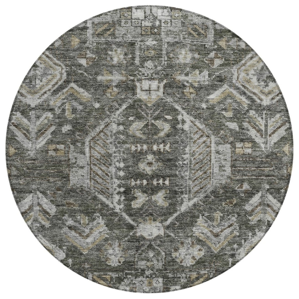 HomeRoots 8' Pewter and Silver Round Medallion Rug – Elegant, Washable, Durable for Indoor & Outdoor Spaces 688665
