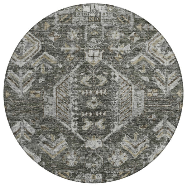 HomeRoots 8' Pewter and Silver Round Medallion Rug – Elegant, Washable, Durable for Indoor & Outdoor Spaces 688665