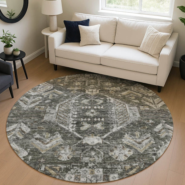 HomeRoots 8' Pewter and Silver Round Medallion Rug – Elegant, Washable, Durable for Indoor & Outdoor Spaces 688665