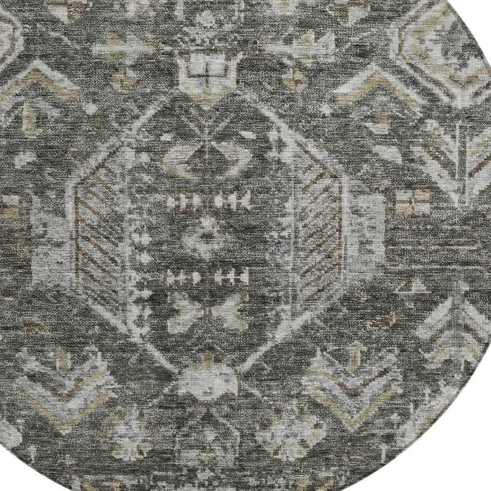 HomeRoots 8' Pewter and Silver Round Medallion Rug – Elegant, Washable, Durable for Indoor & Outdoor Spaces 688665