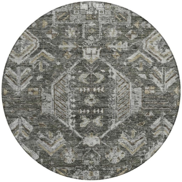 HomeRoots 8' Pewter and Silver Round Medallion Rug – Elegant, Washable, Durable for Indoor & Outdoor Spaces 688665