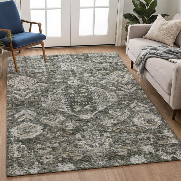 HomeRoots 10' X 14' Durable Pewter and Silver Medallion Area Rug - Washable for Indoor & Outdoor Elegance 688668