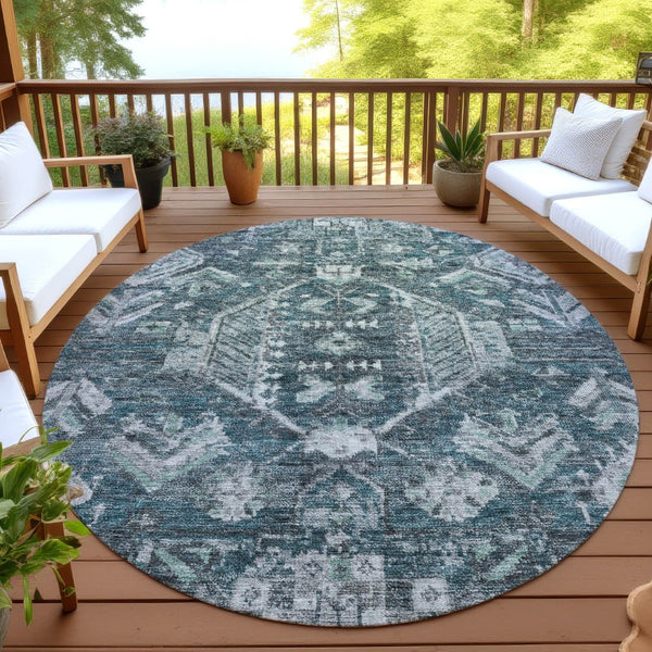 HomeRoots 8' Teal Blue and Silver Round Medallion Rug - Durable, Washable Design for Indoor & Outdoor Spaces 688671
