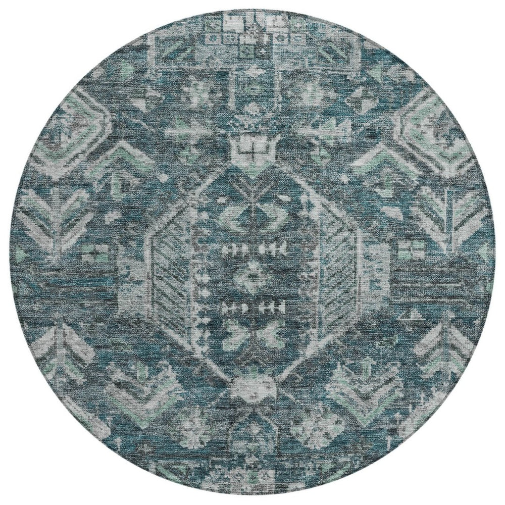 HomeRoots 8' Teal Blue and Silver Round Medallion Rug - Durable, Washable Design for Indoor & Outdoor Spaces 688671