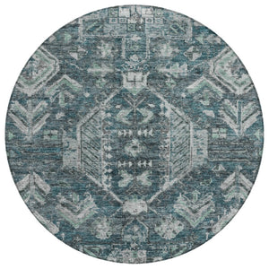 HomeRoots 8' Teal Blue and Silver Round Medallion Rug - Durable, Washable Design for Indoor & Outdoor Spaces 688671