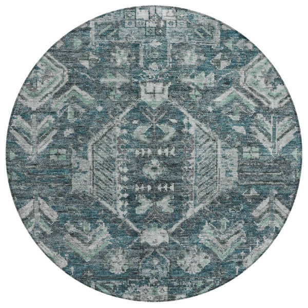 HomeRoots 8' Teal Blue and Silver Round Medallion Rug - Durable, Washable Design for Indoor & Outdoor Spaces 688671