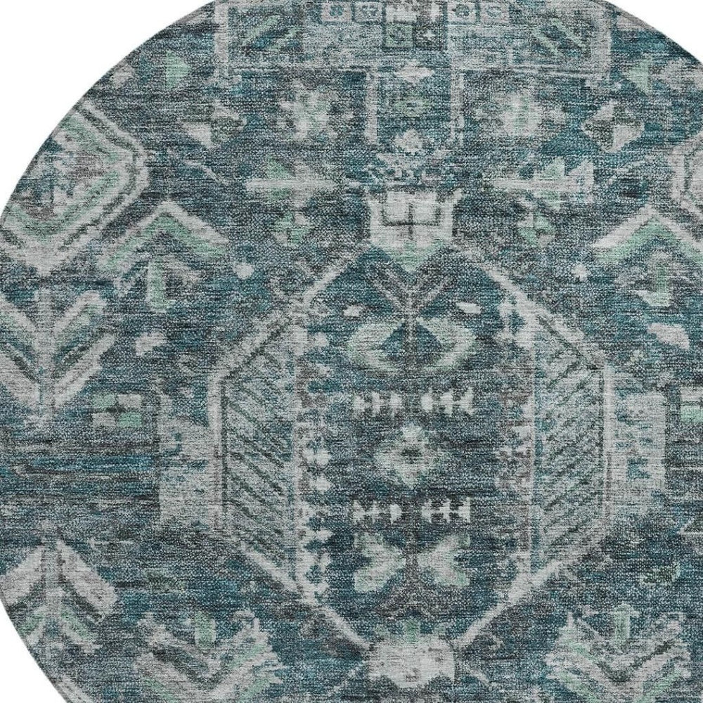 HomeRoots 8' Teal Blue and Silver Round Medallion Rug - Durable, Washable Design for Indoor & Outdoor Spaces 688671