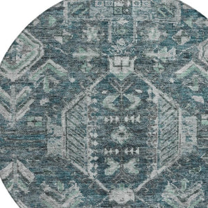 HomeRoots 8' Teal Blue and Silver Round Medallion Rug - Durable, Washable Design for Indoor & Outdoor Spaces 688671