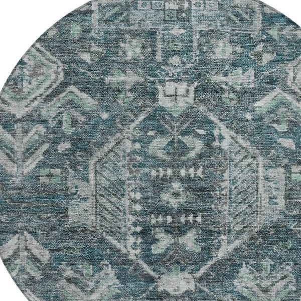 HomeRoots 8' Teal Blue and Silver Round Medallion Rug - Durable, Washable Design for Indoor & Outdoor Spaces 688671