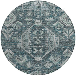 HomeRoots 8' Teal Blue and Silver Round Medallion Rug - Durable, Washable Design for Indoor & Outdoor Spaces 688671