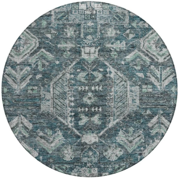 HomeRoots 8' Teal Blue and Silver Round Medallion Rug - Durable, Washable Design for Indoor & Outdoor Spaces 688671