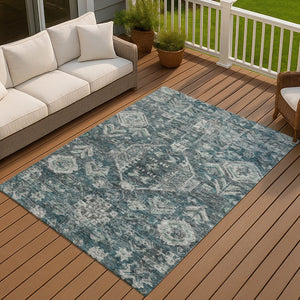 HomeRoots 8' Teal Blue and Silver Medallion Washable Area Rug - Durable, Stylish for Indoor & Outdoor Spaces! 688672