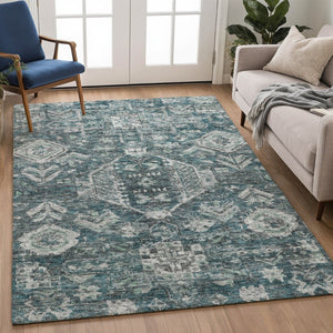 HomeRoots 8' Teal Blue and Silver Medallion Washable Area Rug - Durable, Stylish for Indoor & Outdoor Spaces! 688672