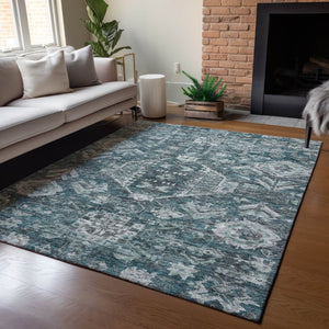 HomeRoots 8' Teal Blue and Silver Medallion Washable Area Rug - Durable, Stylish for Indoor & Outdoor Spaces! 688672