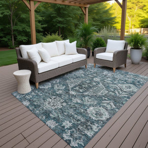 HomeRoots 8' Teal Blue and Silver Medallion Washable Area Rug - Durable, Stylish for Indoor & Outdoor Spaces! 688672
