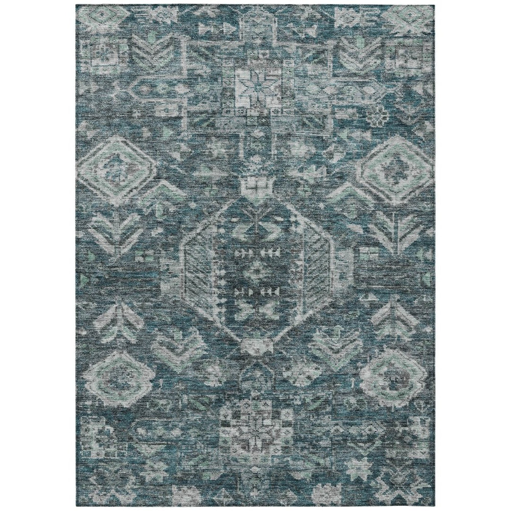 HomeRoots 9' X 12' Teal Blue & Silver Medallion Rug - Stylish, Washable Area Rug for Indoor & Outdoor Spaces 688673